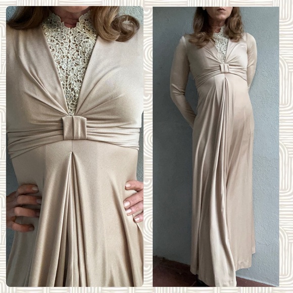 Vintage 70’s ILGWU Union Made Champagne Maxi Dress w/ Lace Pearls VTG 10 Sz 6 - Picture 7 of 11